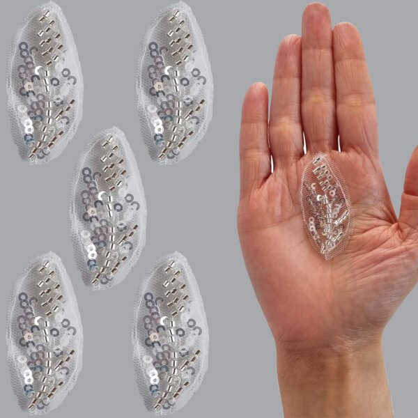 S.A.V.I 5PCS Silver 3D Embroidered Applique Patches – Mesh Lace Fabric with Sequins & Beads – 2x0.8 in, DIY Sewing for Bridal, Saree, Lehenga, Blouse, Gown, Craft & Ethnic Wear