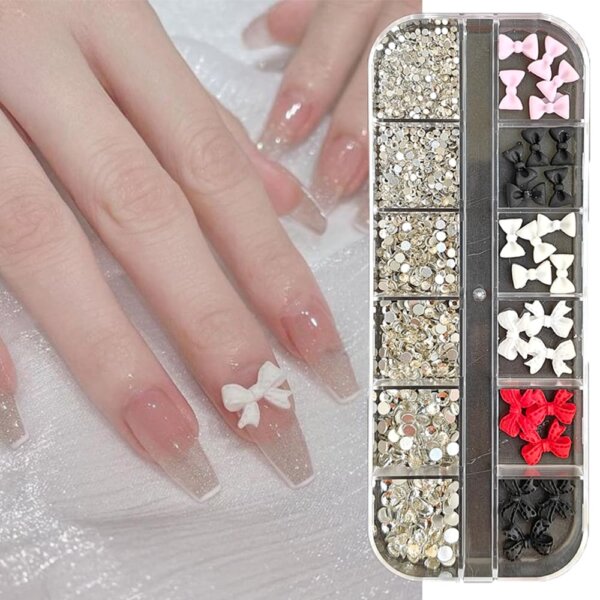 S.A.V.I 3D Bow Nail Art Decoration Kit with Glass Rhinestones – Mixed Colors & Sizes | Flatback White, Red, Black Bows & Clear Crystals | DIY Nail Art, Manicure, Salon Accessories for Stunning Nails