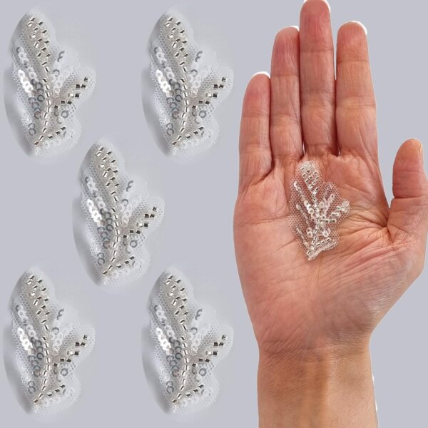 S.A.V.I 5PCs 3D Silver Sequin & Bead Embroidered Leaf Applique Patches | White Mesh Lace Fabric for DIY Dresses, Bridal Wear, Lehenga, Saree, Blouse, Gown & Craft Sewing Accessory (2x0.8 inch)