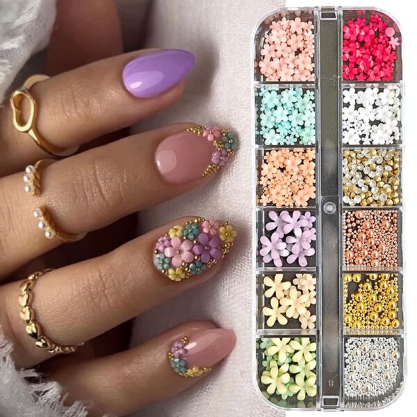 S.A.V.I 3D Flower Nail Art Decorations Set – 12-Grid Multicolor Acrylic Flowers, Crystals & Gold/Silver Beads | Nail Charms for DIY, Manicure & Professional Nail Art – Mixed Sizes for Salon & Home Use