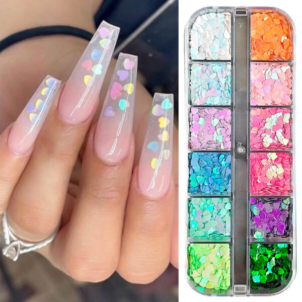 S.A.V.I Heart Nail Art Sequins - 12 Candy Laser Colors | Holographic 3D Nail Glitter for DIY Nail Decoration | Acrylic, Gel & Manicure Nails | Nail Art Accessories for Women & Girls