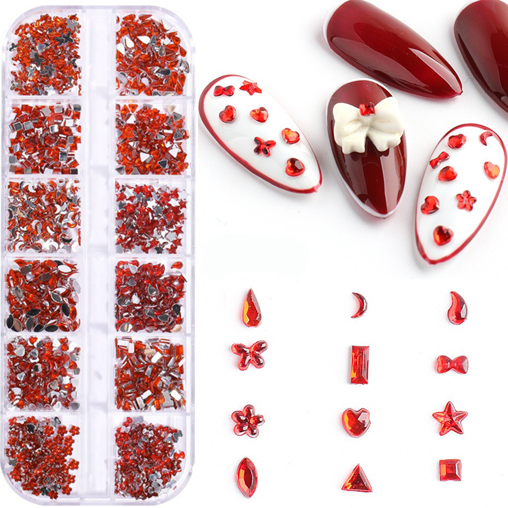 S.A.V.I Red Flatback Resin Rhinestones for Nail Art – 12 Unique Shapes (Heart, Star, Bow & More) | Small DIY Nail Gems for Stunning Manicures | Sparkling Nail Decorations & Craft Accessories – 1 Box